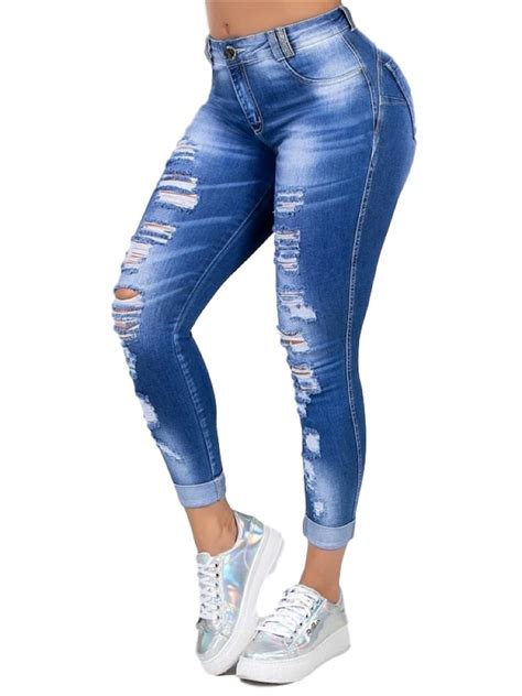 snow washed ripped women skinny long jeans denim pants