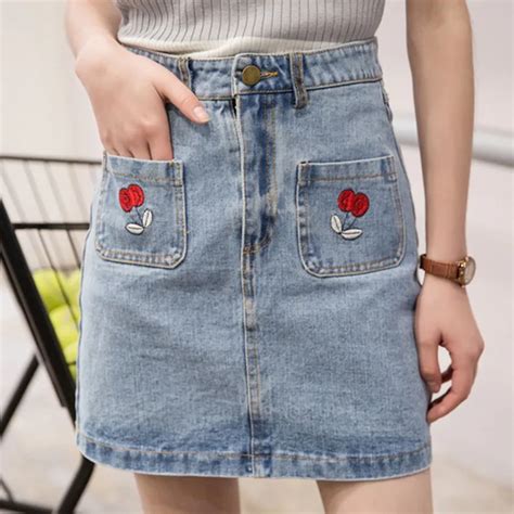 Exotao Casual Pencil Denim Skirts Women High Waist Jean Skirt With Pockets Slim Cherry