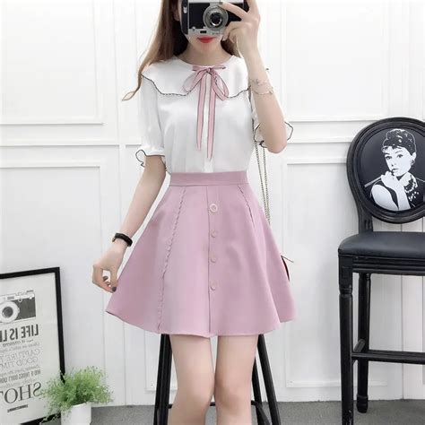 2020 summer korean fashion girl white top blouse and single breasted skirt women cute outfit