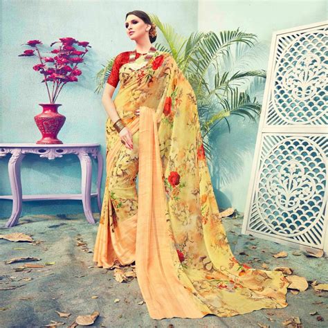 Buy Yellow Floral Printed Georgette Saree Online India Best Prices