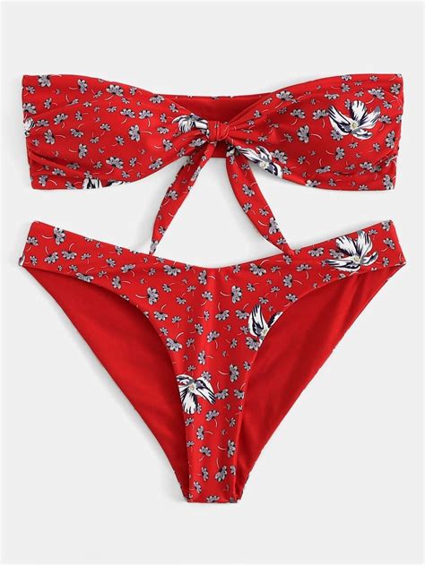 Red Swimsuit Floral Knotted Front Bandeau With Bikini Bottom