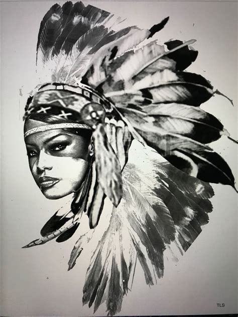 A Black And White Drawing Of A Native American Woman Wearing A