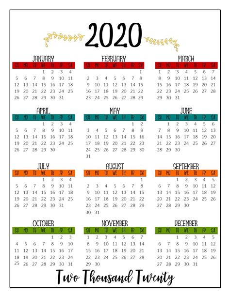 2020 Printable At A Glance Calendar 85 X 11 Sheet Bold And Etsy