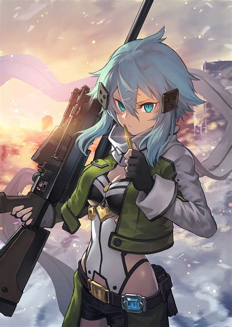 P Descarga Gratis Chica Con Arma Rifle De Francotirador Pelo Azul Anime Asada Shino