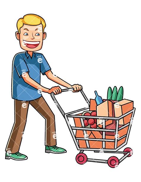 Man Pushing Shopping Cart With Groceries Cartoon Vector Clipart