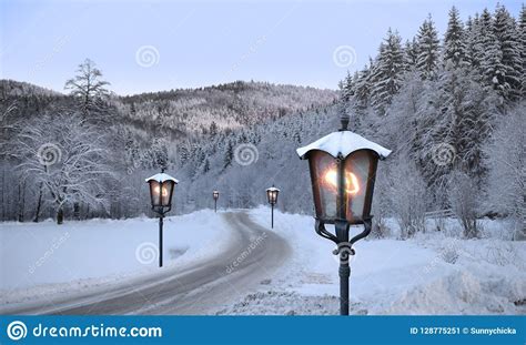 Lantern North Pole Christmas Road On Snow Stock Image Image Of