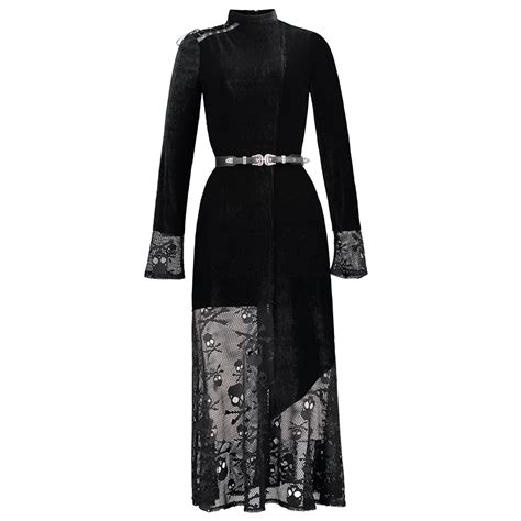 Fall Winter Women Black Gothic Dresses Elegant Maxi Velvet Skull Patchwork Belt Dresses Long