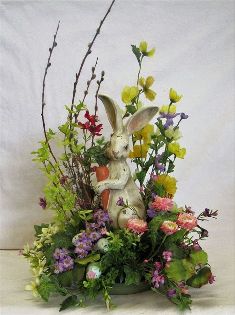 Easter Floral Arrangement With Ceramic Bunny Purple Yellow And Pink