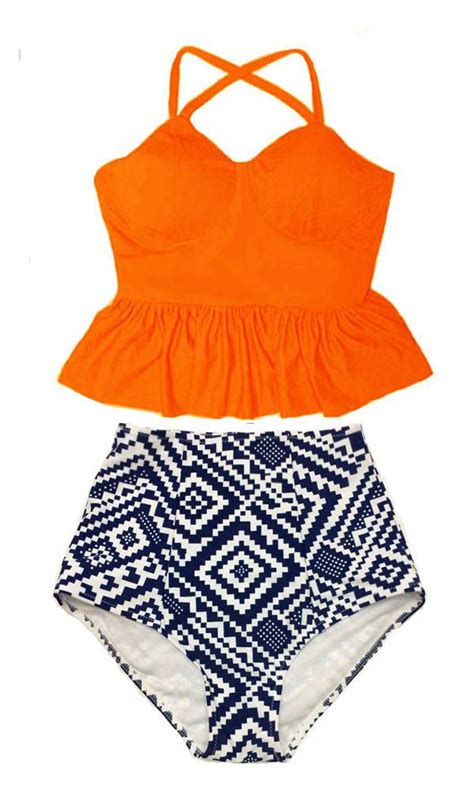 Peplum Tankini Swimsuit Bathing Suit Swimwear Bikini Set Orange Long