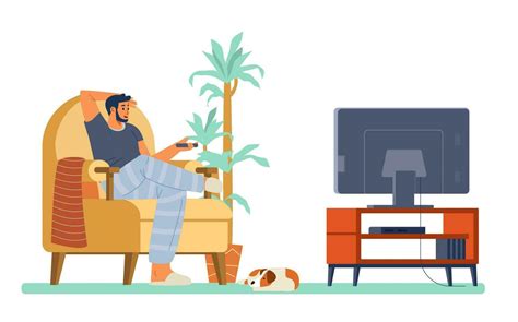 Man Watching Tv Alone Sitting In An Armchair At Home Flat Vector