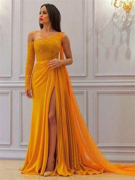 Yellow Chiffon Prom Dress A Line One Shoulder Evening Dress Vb5217 Prom Dresses With Sleeves