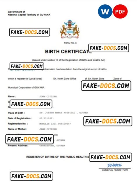 Guyana Vital Record Birth Certificate Word And PDF Template Completely Editable Fake Docs