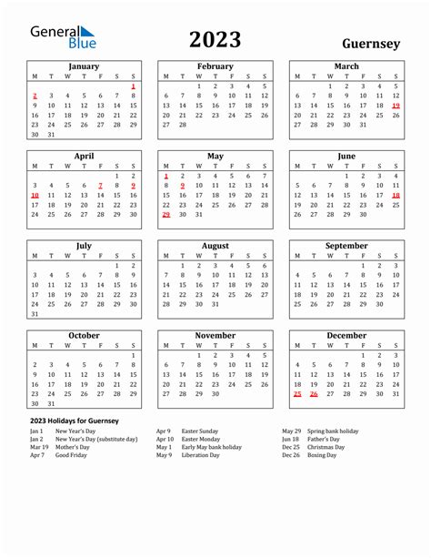 Free Printable 2023 Guernsey Holiday Calendar