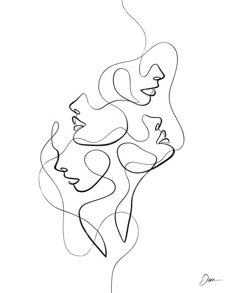 Abstract Faces In One Continuous Line Line Art Drawings Line Art
