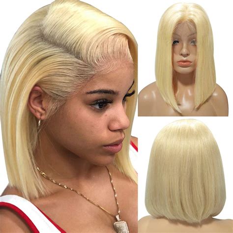 Buy Human Hair Blonde Lace Front Wig Frontal Melting Short Bob Lace Wigs Bleached Knots