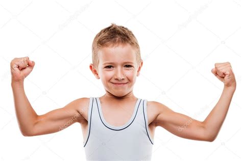 Smiling Sport Child Boy Showing Hand Biceps Muscles Strength — Stock