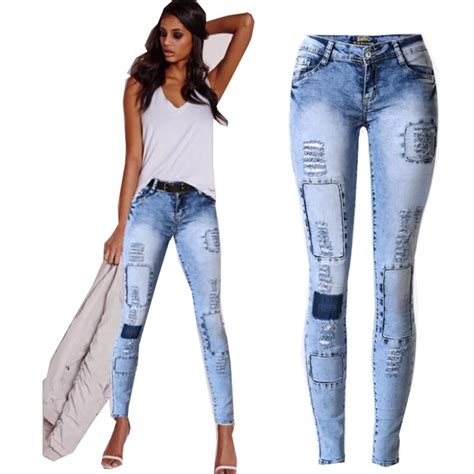 2017 Womens Jeans Stretch Denim Pants Slim Multi Hole Patch Tide Jean