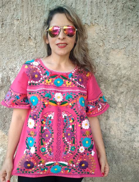 xl and 2xl 3xl mexican boho huipil embroidered blouse dress peasant top mexican pink shirt