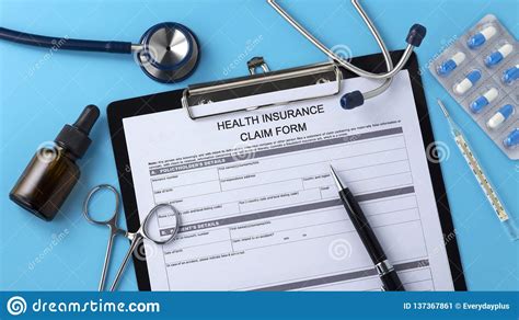 A health insurance claim is when you request reimbursement or direct payment for medical services that you have already obtained. Health Insurance Claim Form On Blue Background Stock Image - Image of above, view: 137367861