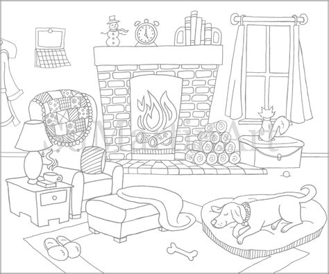Printable Adult Coloring Page Cozy Fireplace House Etsy