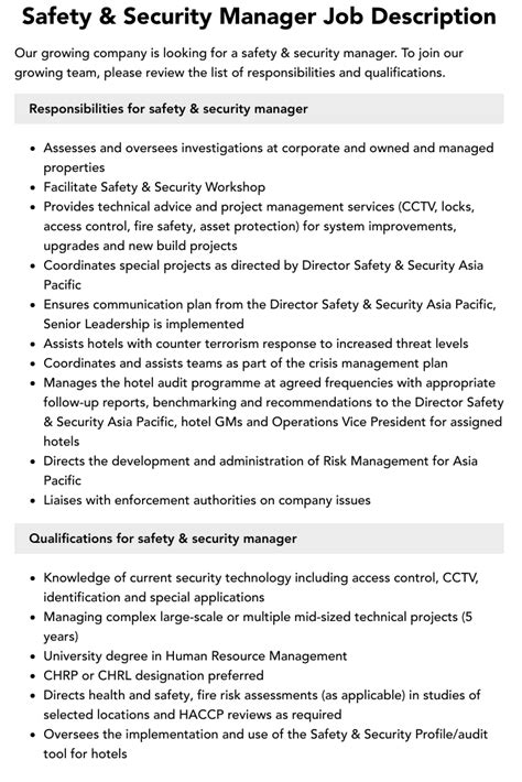 Safety And Security Manager Job Description Velvet Jobs