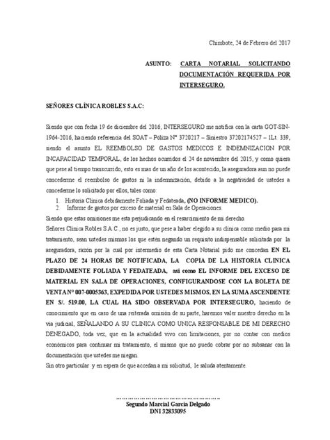 Carta Notarial Soicitando Documentación Requerida Por Interseguro Pdf
