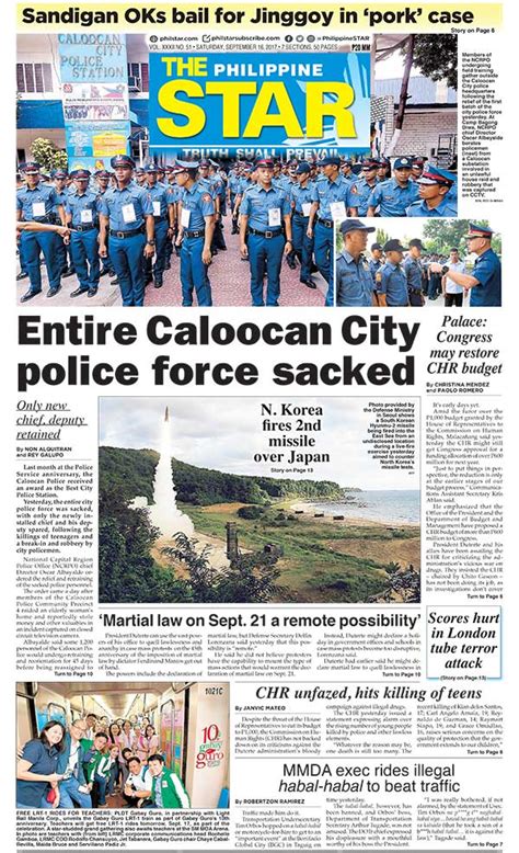 Some examples of popular newspapers include the new york times , wall street journal , usa today , and the chicago. The Star Cover (September 16, 2017) | Philstar.com