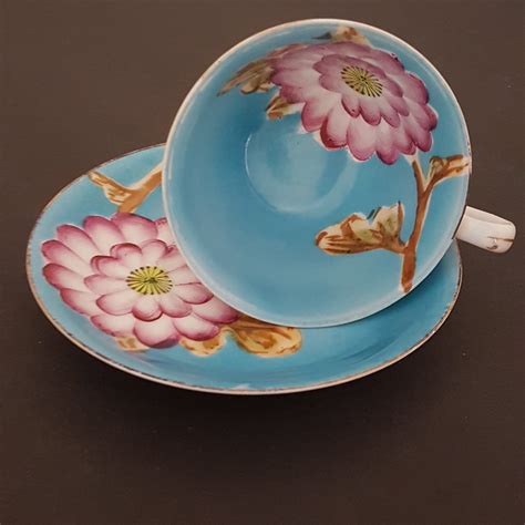 Vintage Occupied Japan Hand Painted Tea Cup Saucer Set Blue Tea Cup Big Pink Flower Wide