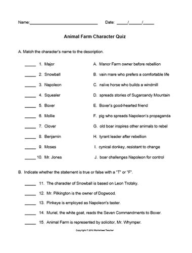 Animal Farm Character Quiz With Answer Key Teaching Resources