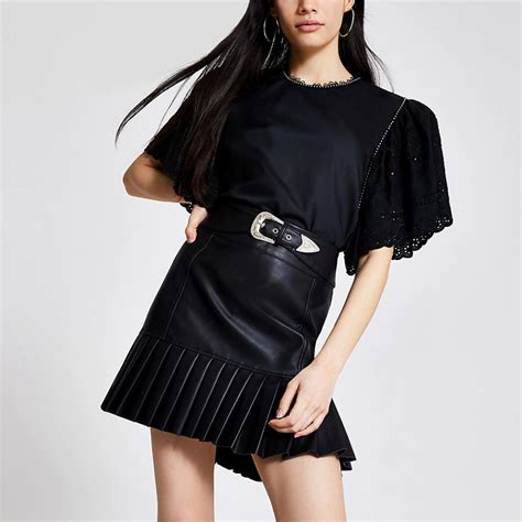 Black Faux Leather Pleated Peplum Mini Skirt Mini Skirts Womens