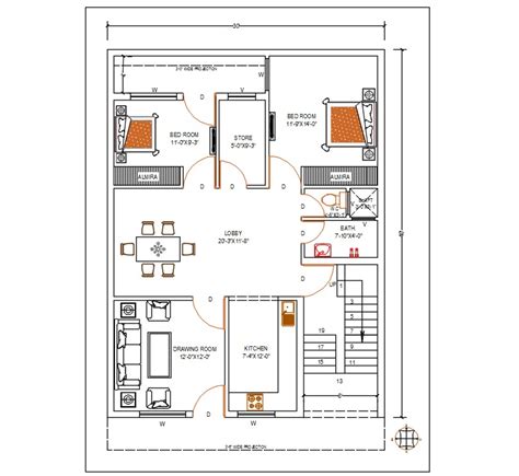 North Facing Bhk House Plan With Furniture Layout Dwg File Cadbull