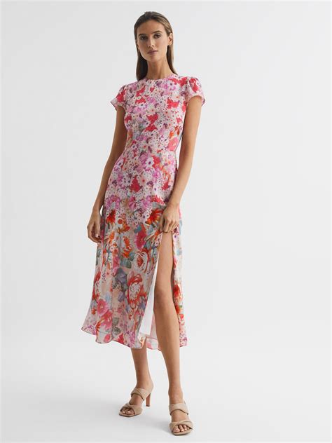 Floral Print Midi Dress In Pink Reiss