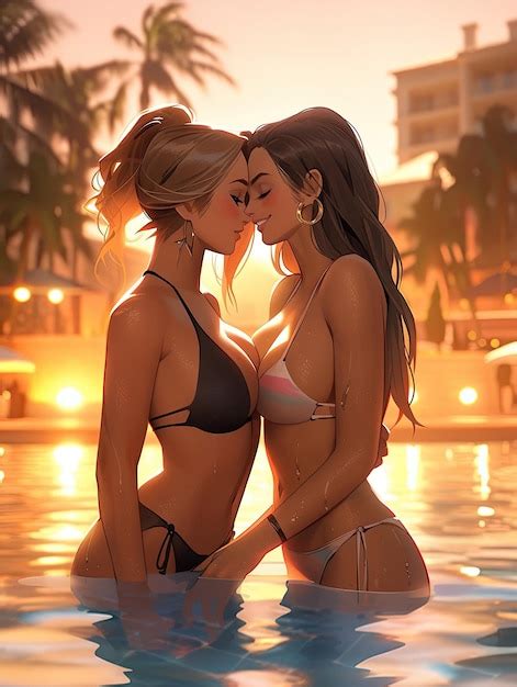 Premium Ai Image Two Beauty Hot Anime Lesbian Girls Kissing In Pool Mini Bikini Summer Summer