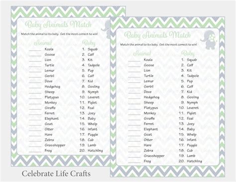 Baby Animals Match Baby Shower Game And Answers Printable Baby Etsy