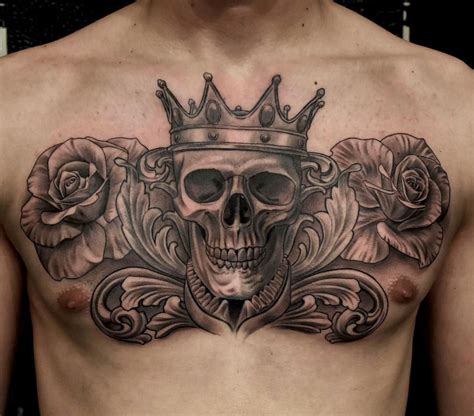 Skull With Crown Tattoo Roses Tattoo Chest Piece Chest Tattoo Black And Grey Realism Tattoo