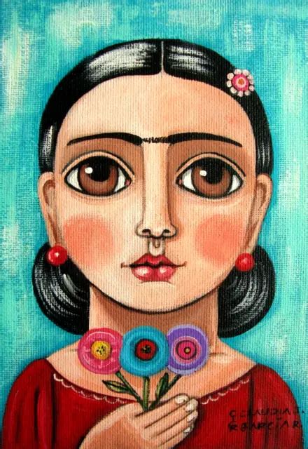 Mexican And Original Folk Art Frida Kahlo With Flowers Stretched