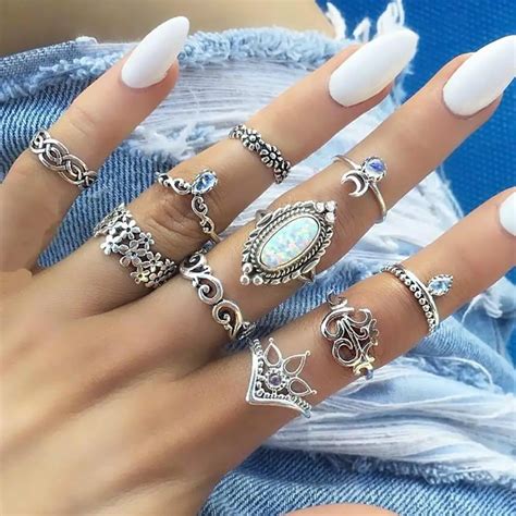 women fashion rings set carved flower casual design round artificial 23 7g gem jewelry dcor