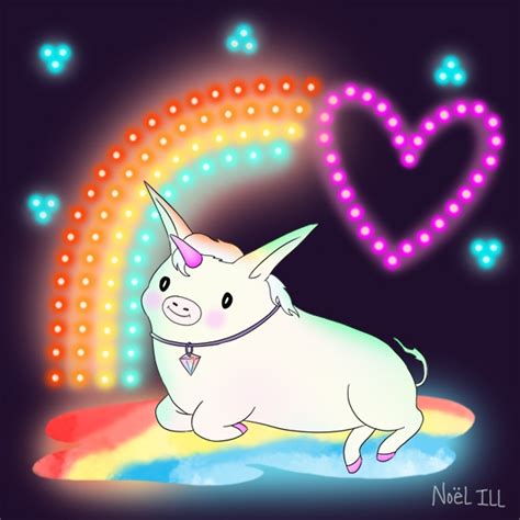 A White Unicorn Laying On Top Of A Rainbow Colored Floor Next To A