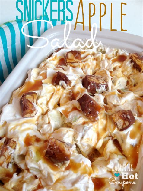 The current recipe feeds 10 people, and those are generous portions. Snickers Caramel Apple Salad Recipe