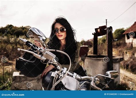 Beautiful Motorcycle Brunette Woman With A Classic Motorcycle C Stock Photo Image Of Costume