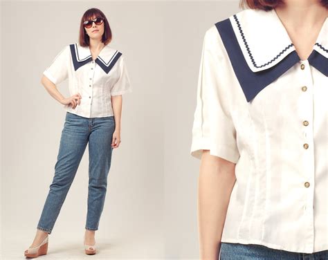 Items Similar To Sale 50 Off 80s White Nautical Shirt Sailor Collar