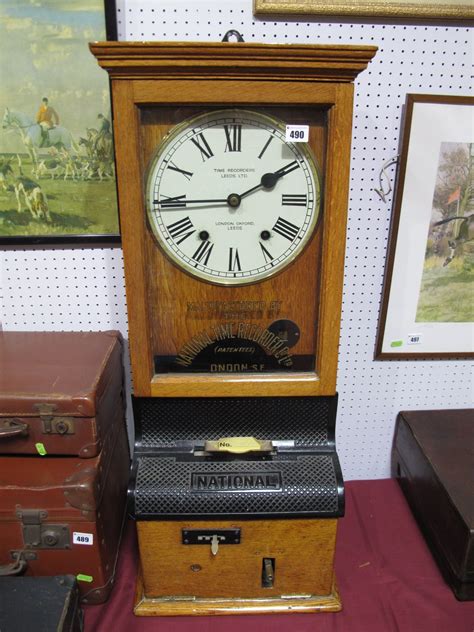 A National Time Recorder Co Ltd Clocking In Clock Oak Cased White