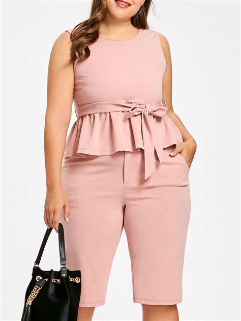 48 OFF Plus Size Tie Belt Peplum Top With Knee Length Shorts Rosegal
