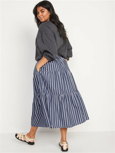 Womens Tiered Striped Maxi Skirt Chambray Blue Stripe Regular Size Xl