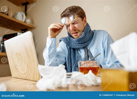 Sick Man While Working In Office Businessman Caught Cold Seasonal Flu