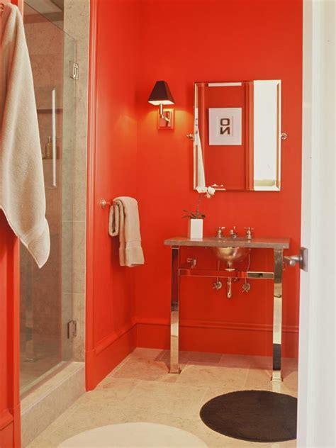 In the picture of an eclectic bathroom above, the red accent wall seems to become a part of the bathroom vanity design. Red Bathroom Decor: Pictures, Ideas & Tips From HGTV | HGTV