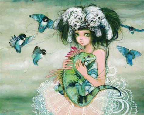 A Beautiful Girl Holds An Iguana In This Manga Painting By