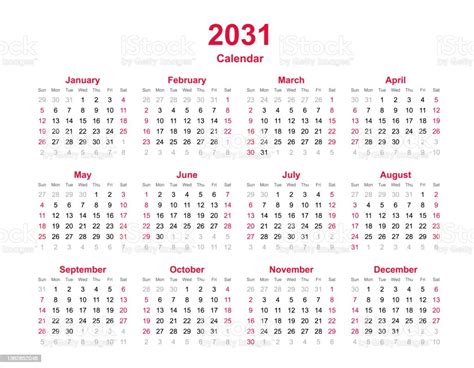 Calendar Year 2031 Twelve Months Calendar Template Stock Illustration