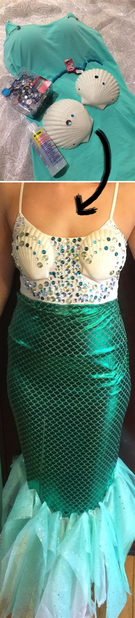 I used an old strapless bra and glued individual/large seashells to it with e6000 glue. 25 Mermaid Costumes and DIY Ideas 2017