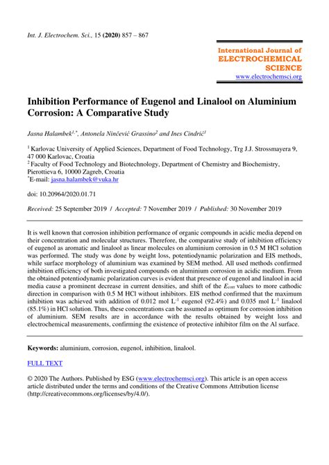 Pdf Inhibition Performance Of Eugenol And Linalool On Aluminium